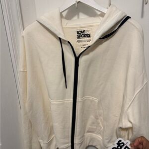 Cream and Black Casual Zip-Up Hoodie Jacket